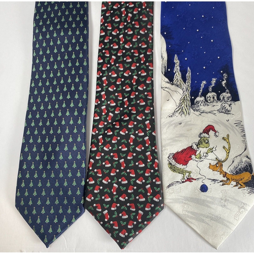 Christmas Holiday Tie Neckties Novelty Grinch Pine Trees‎ Santa Hat Lot of 3